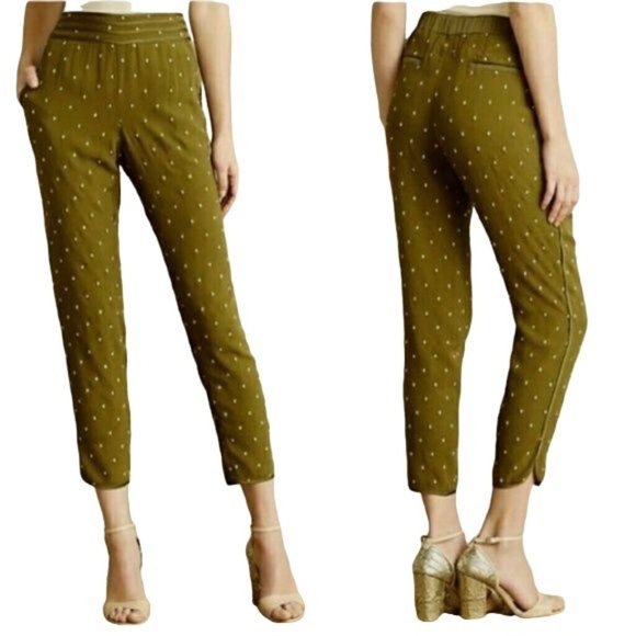 Anthropologie Pants - Anthropologie Elevenses Olive Green Goldform Embroidered Cropped Trouser Pants 0